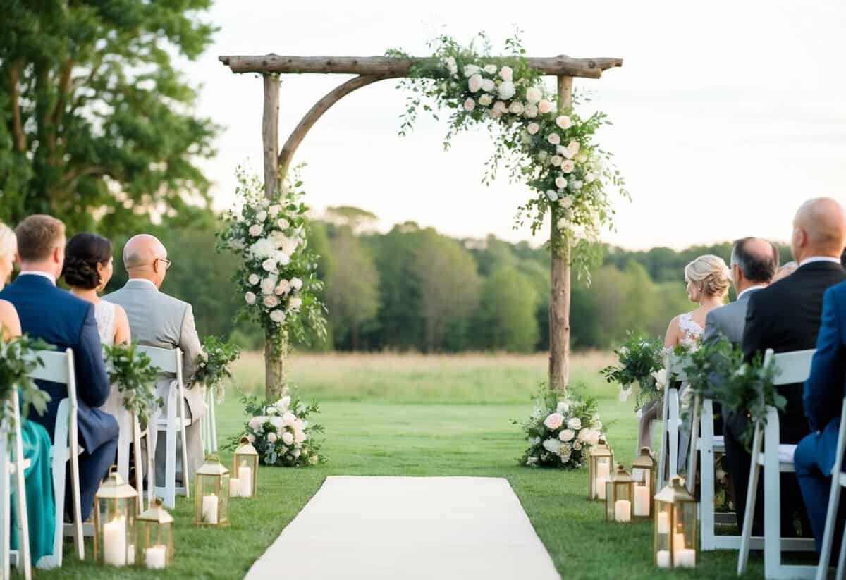 A serene outdoor wedding ceremony with a rustic arch, floral decorations, and seating for guests. A simple yet elegant setup with natural elements
