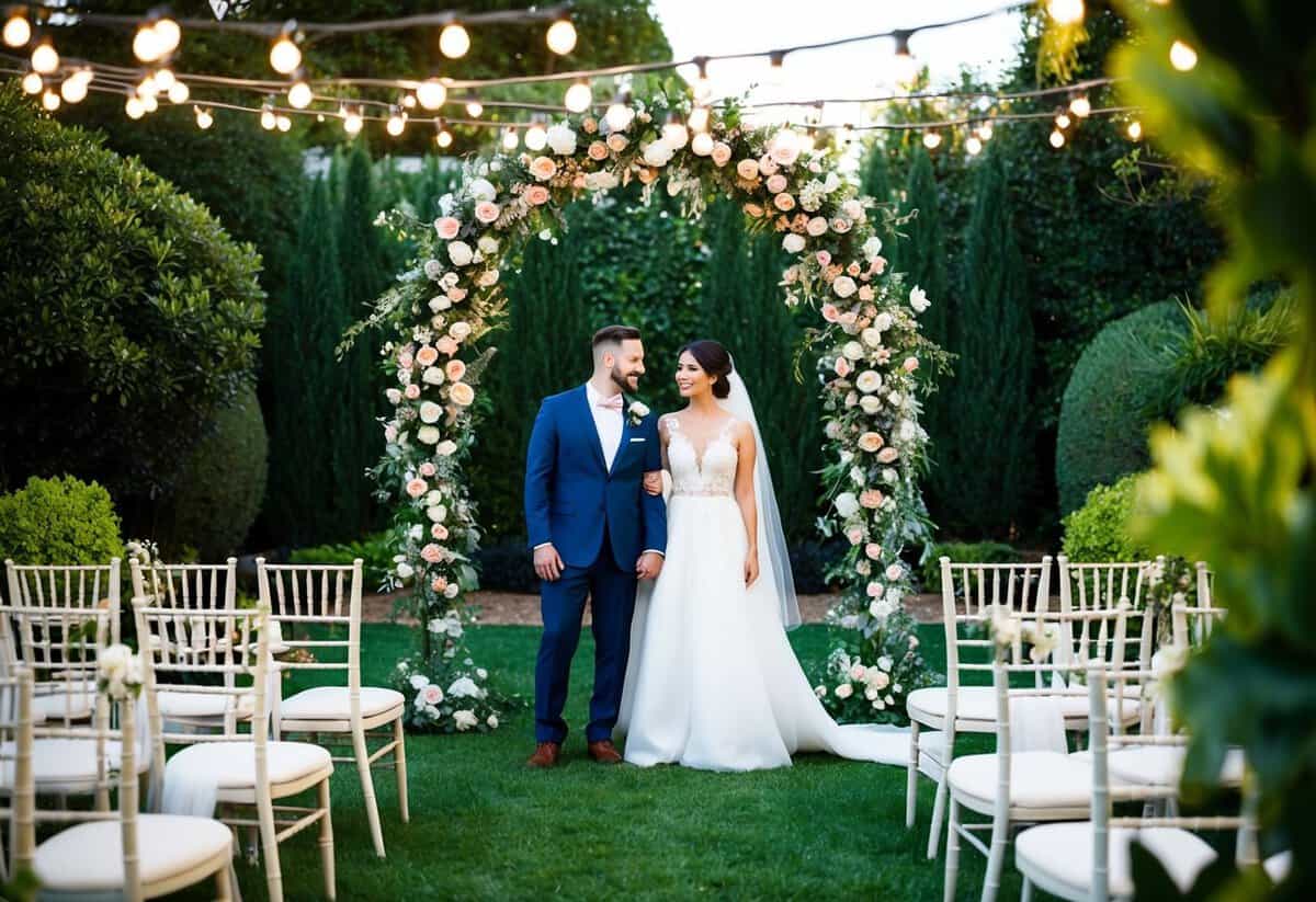 A bride and groom standing under a floral arch, surrounded by chairs, tables, and twinkling lights in a lush garden setting