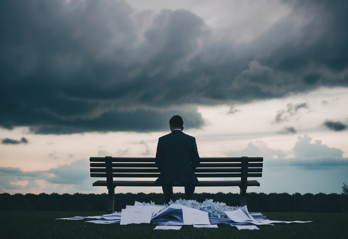 A person sitting alone on a bench, surrounded by wedding planning materials, with a heavy cloud overhead and a pile of crumpled papers at their feet