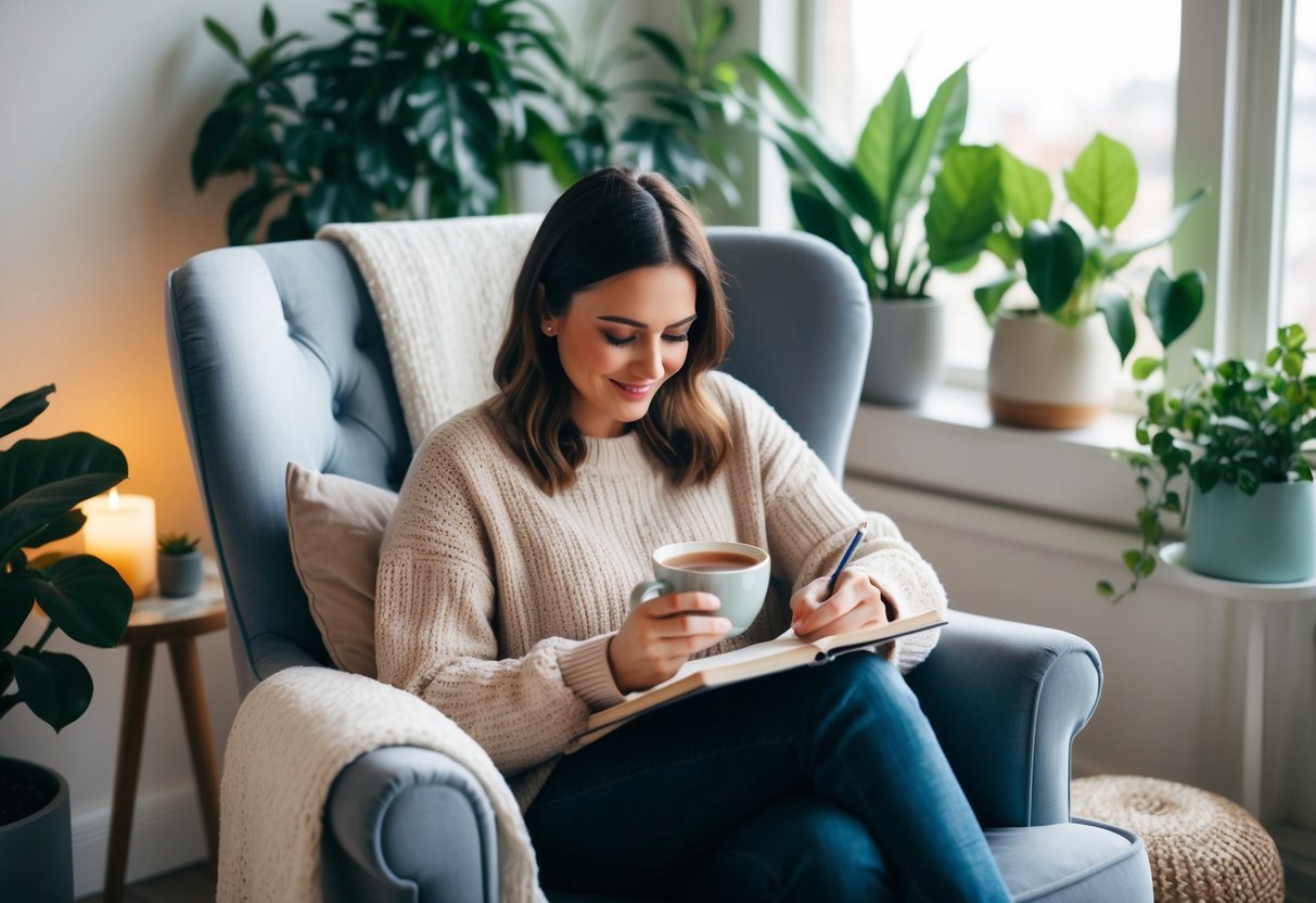 A person sitting in a cozy chair with a hot cup of tea, surrounded by plants and calming decor, while writing in a journal