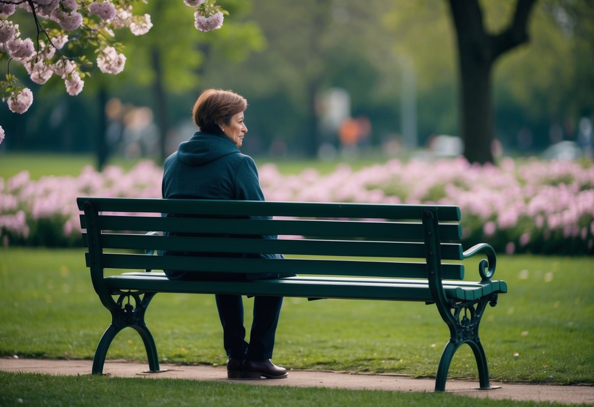 A person sitting alone on a park bench, surrounded by blooming flowers and a serene atmosphere, with a somber expression on their face