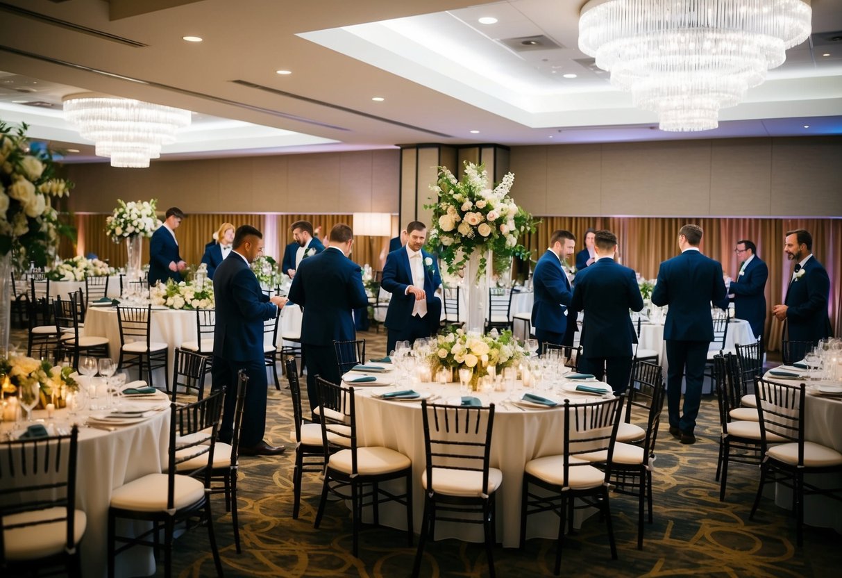 A bustling wedding venue with tables set for a reception, flowers and decorations being arranged, and a team of staff coordinating logistics