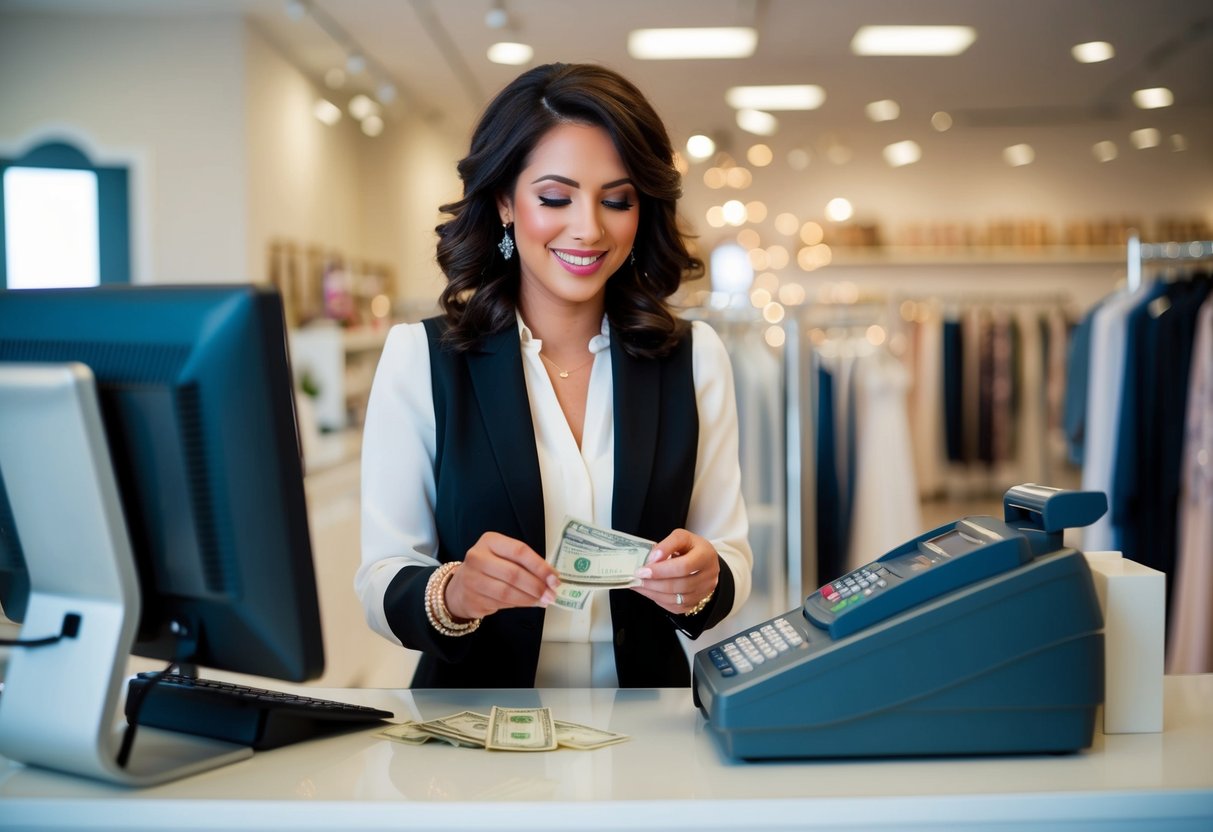 A bridal shop consultant counts cash from a register