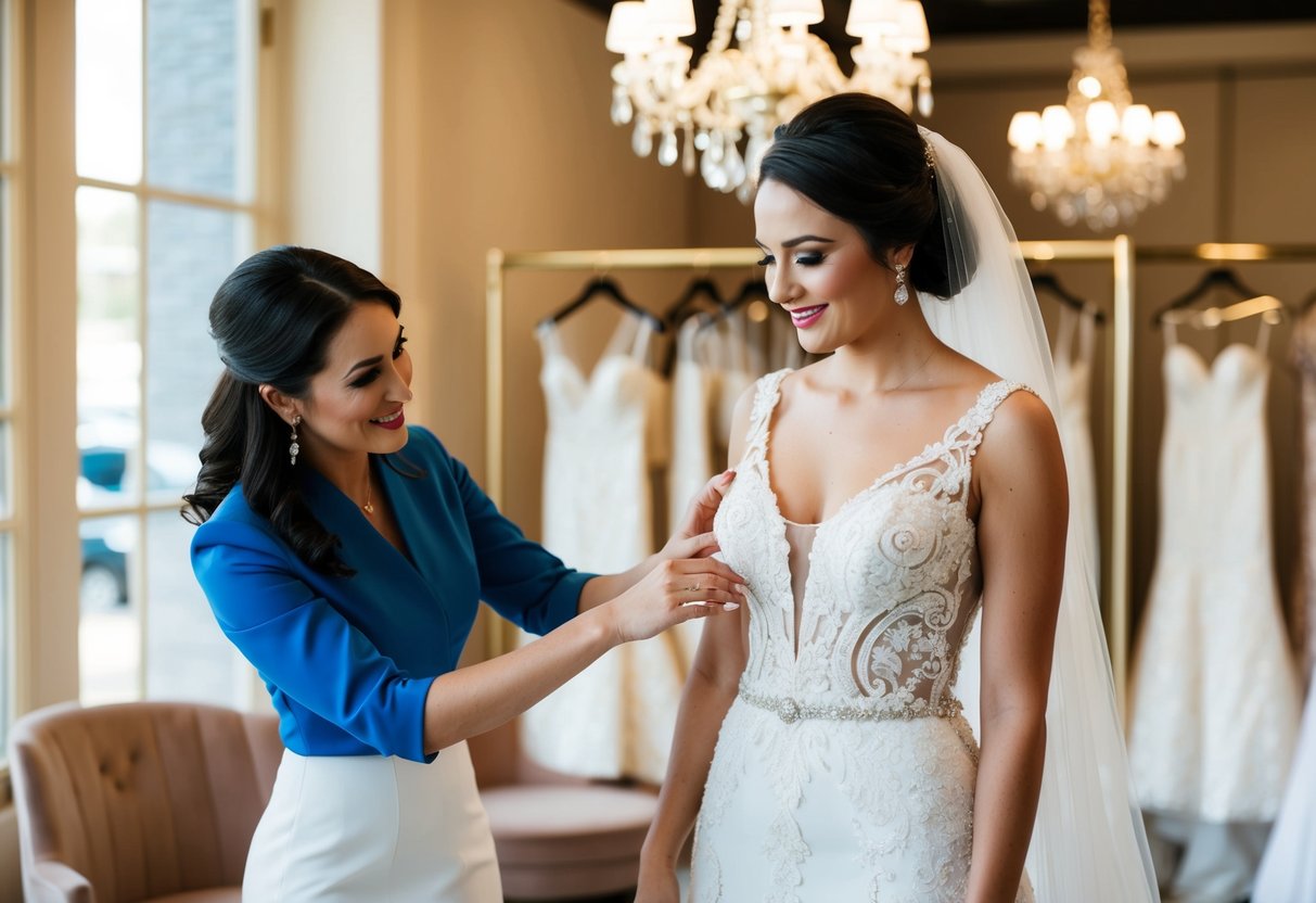 A bridal consultant assisting a bride in trying on wedding dresses in a luxurious bridal shop