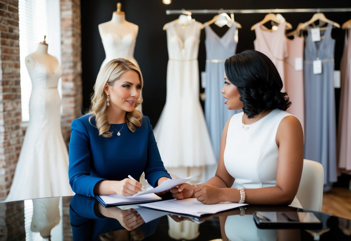 A bridal shop consultant sits at a desk, reviewing paperwork and discussing compensation structures with a client. Dresses and accessories are displayed in the background