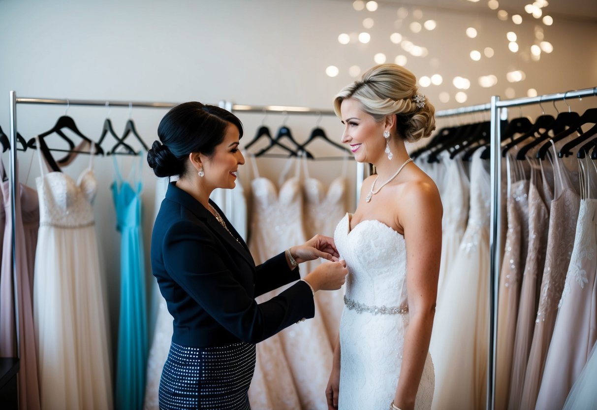 A bridal shop consultant assisting a customer with trying on wedding dresses, surrounded by racks of gowns and accessories. The consultant is holding a dress for the customer to consider
