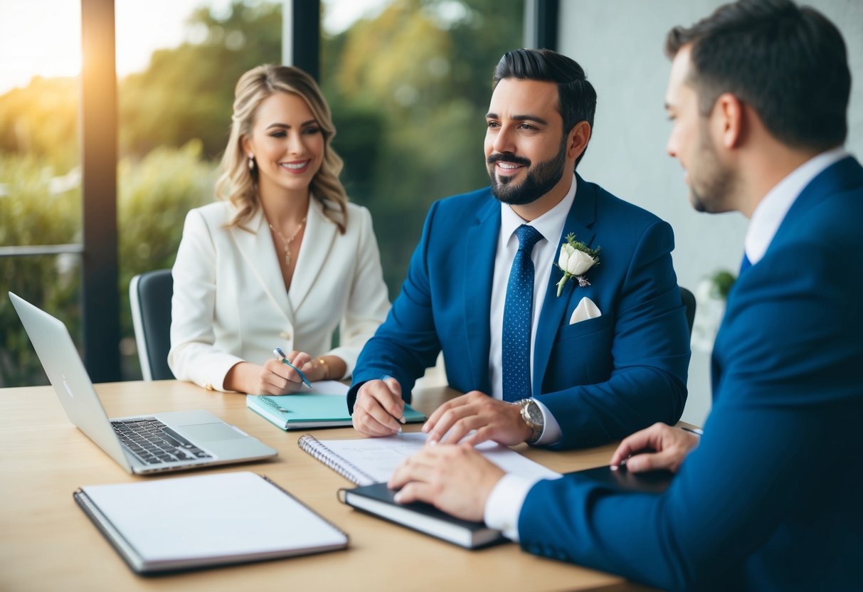 A wedding planner sits at a desk with a calendar, notebook, and laptop, discussing details with a couple