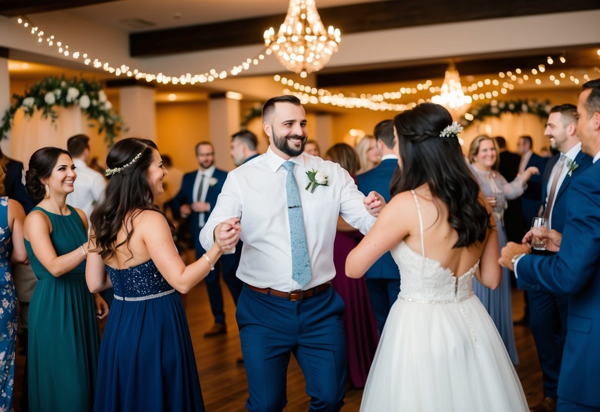 A wedding coordinator oversees guests mingling, dancing, and enjoying post-wedding festivities in a beautifully decorated venue with twinkling lights and floral arrangements