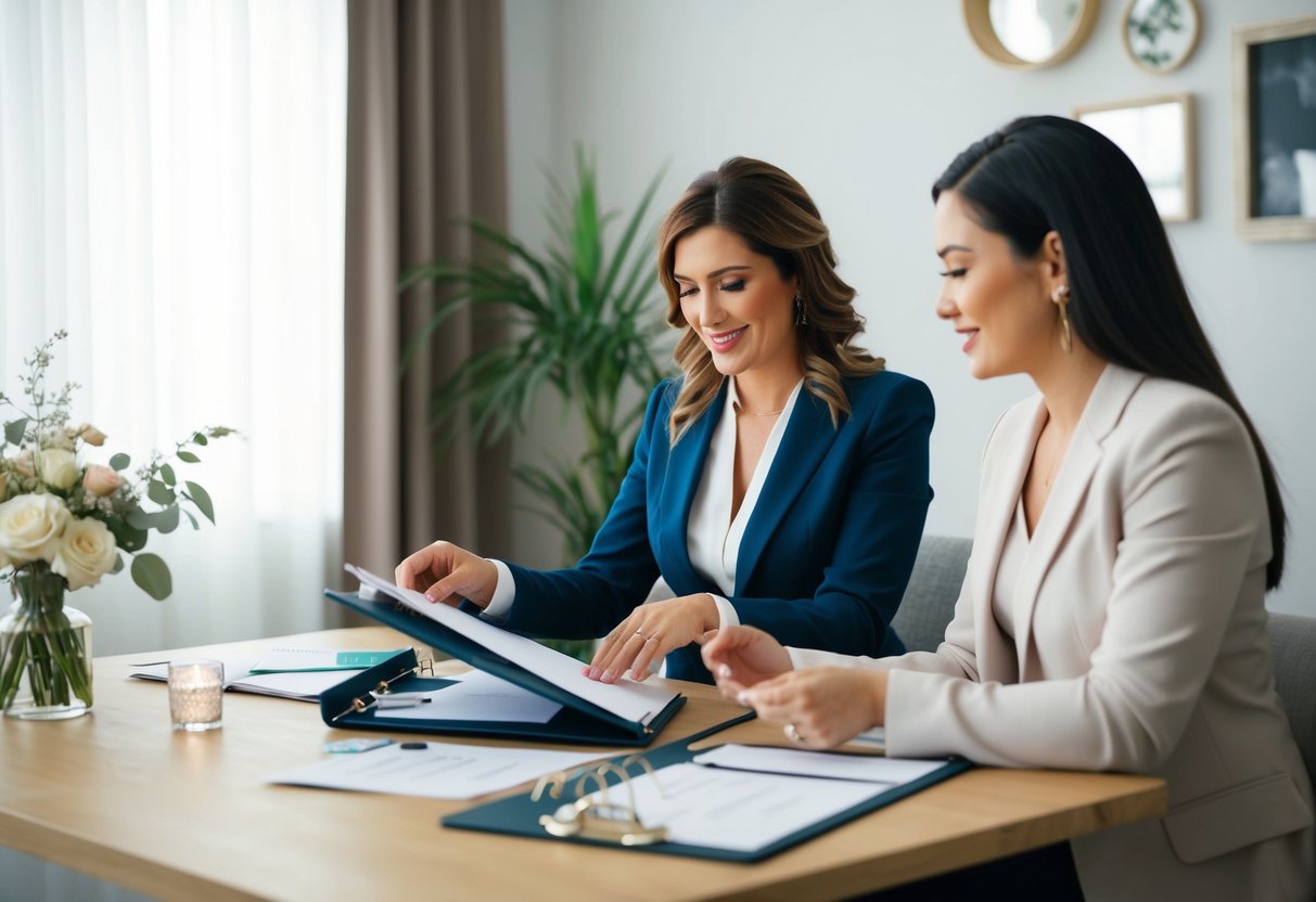 A wedding planner sitting at a desk with a client, discussing details and flipping through a binder of wedding options