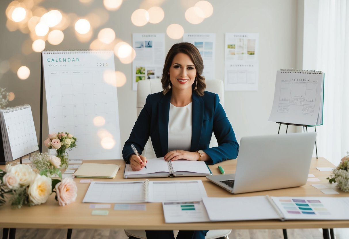 A wedding planner sits at a desk with a calendar, notebook, and laptop, surrounded by fabric swatches, flower samples, and sketches of venue layouts