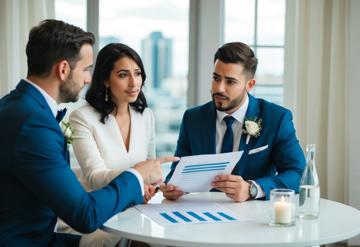 A couple sits at a table with a wedding planner, discussing financial aspects of their wedding. The planner points to a budget sheet while the couple looks concerned