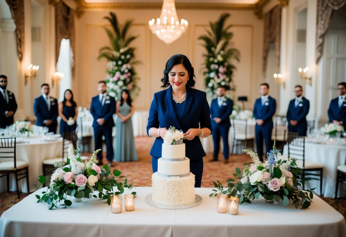 A planner arranges pre-wedding and post-wedding events in a grand ballroom with floral decorations and a wedding cake