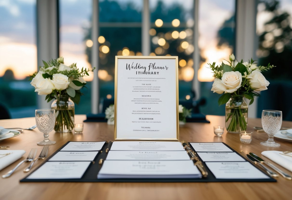A wedding planner organizes a detailed itinerary for the wedding day, including ceremony, reception, and transportation