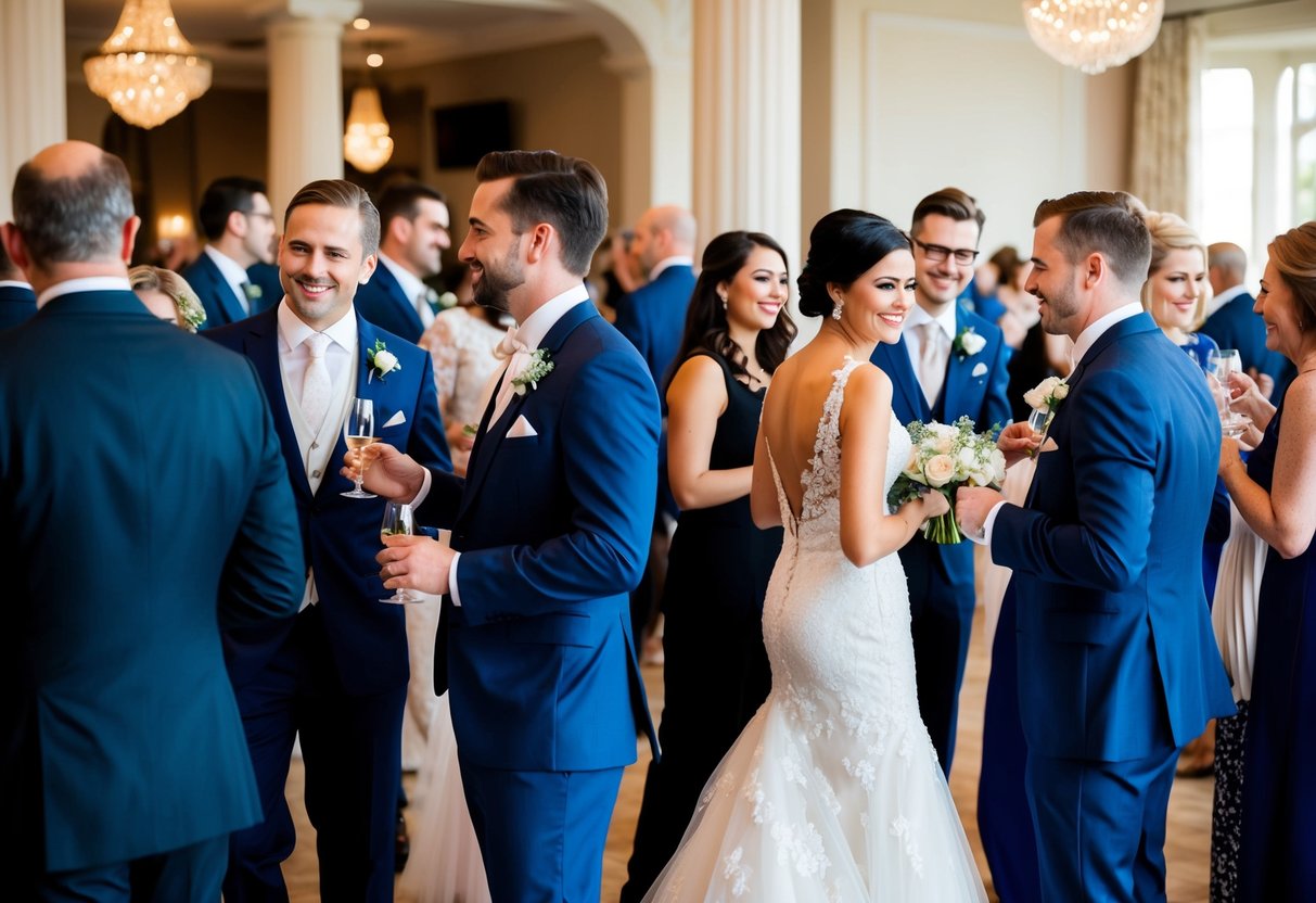 A group of elegantly dressed wedding guests mingling in a beautifully decorated venue, with a mix of formal attire and stylish ensembles