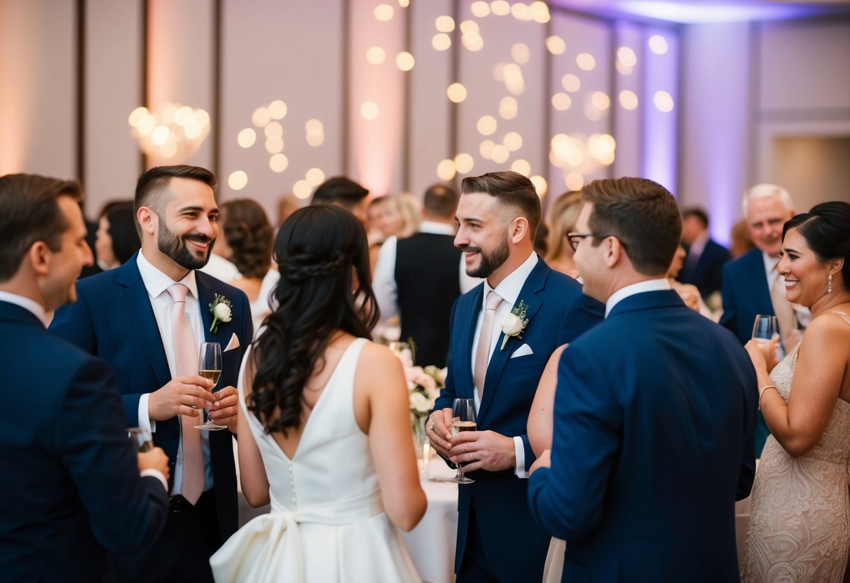 A wedding reception with guests in formal attire, mingling and enjoying the celebration