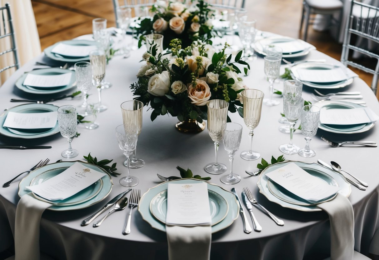 Elegant table settings with fine china, sparkling glassware, and fresh floral centerpieces arranged in a symmetrical layout