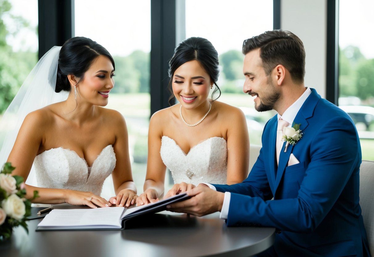 A bride and groom sit at a table with a wedding planner, discussing details and looking at a book of venue options