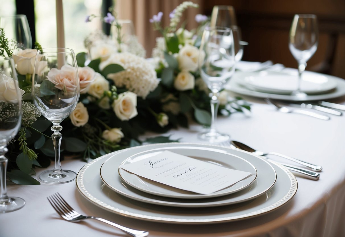 A table is set for a wedding, with elegant place settings, polished silverware, and delicate floral centerpieces