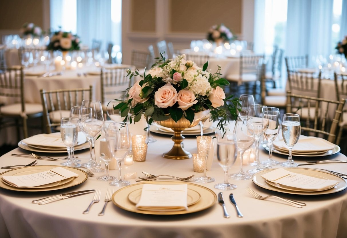 Elegant table settings with floral centerpieces and fine china arranged for a wedding reception