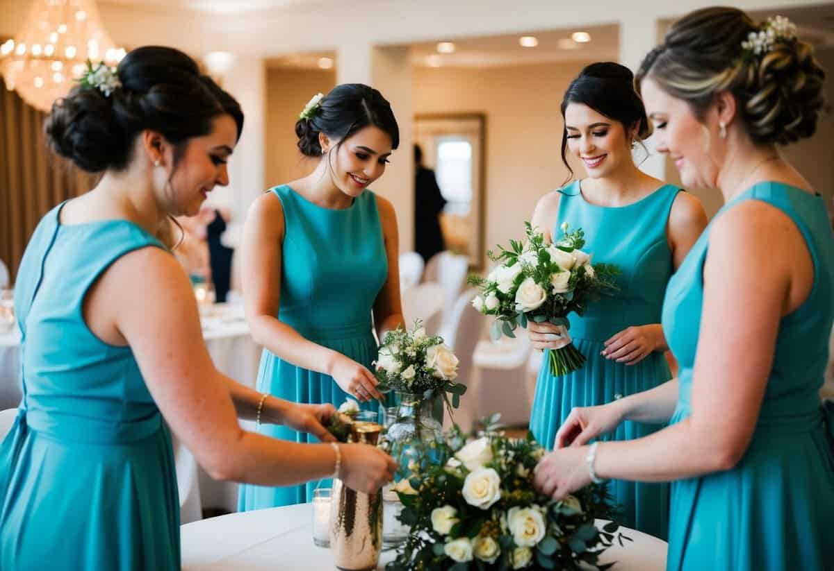 Bridesmaids arranging decor and flowers at the wedding venue