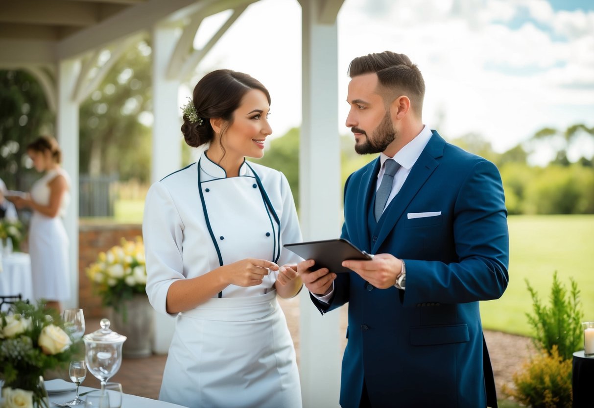 A couple and a caterer at a wedding venue, discussing prices and services