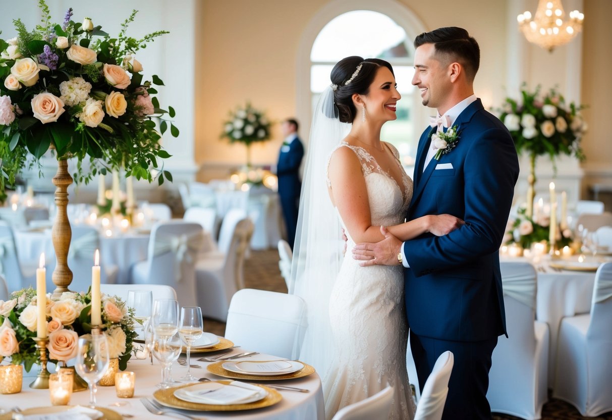 A bride and groom stand in a beautifully decorated wedding venue, with flowers, candles, and elegant table settings