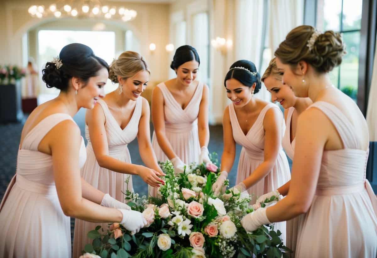 A group of bridesmaids arranging flowers and decorations in a wedding venue