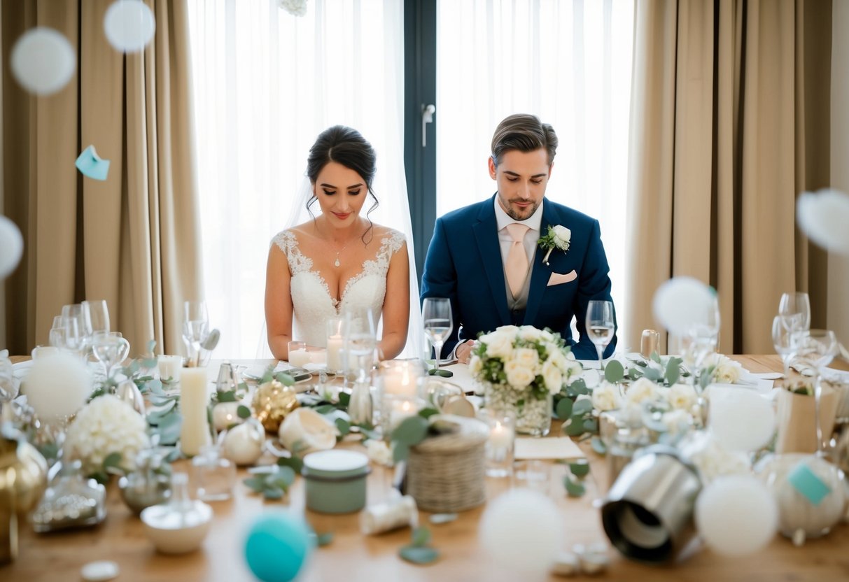 A bride and groom sit at a table surrounded by scattered wedding decor items, looking overwhelmed