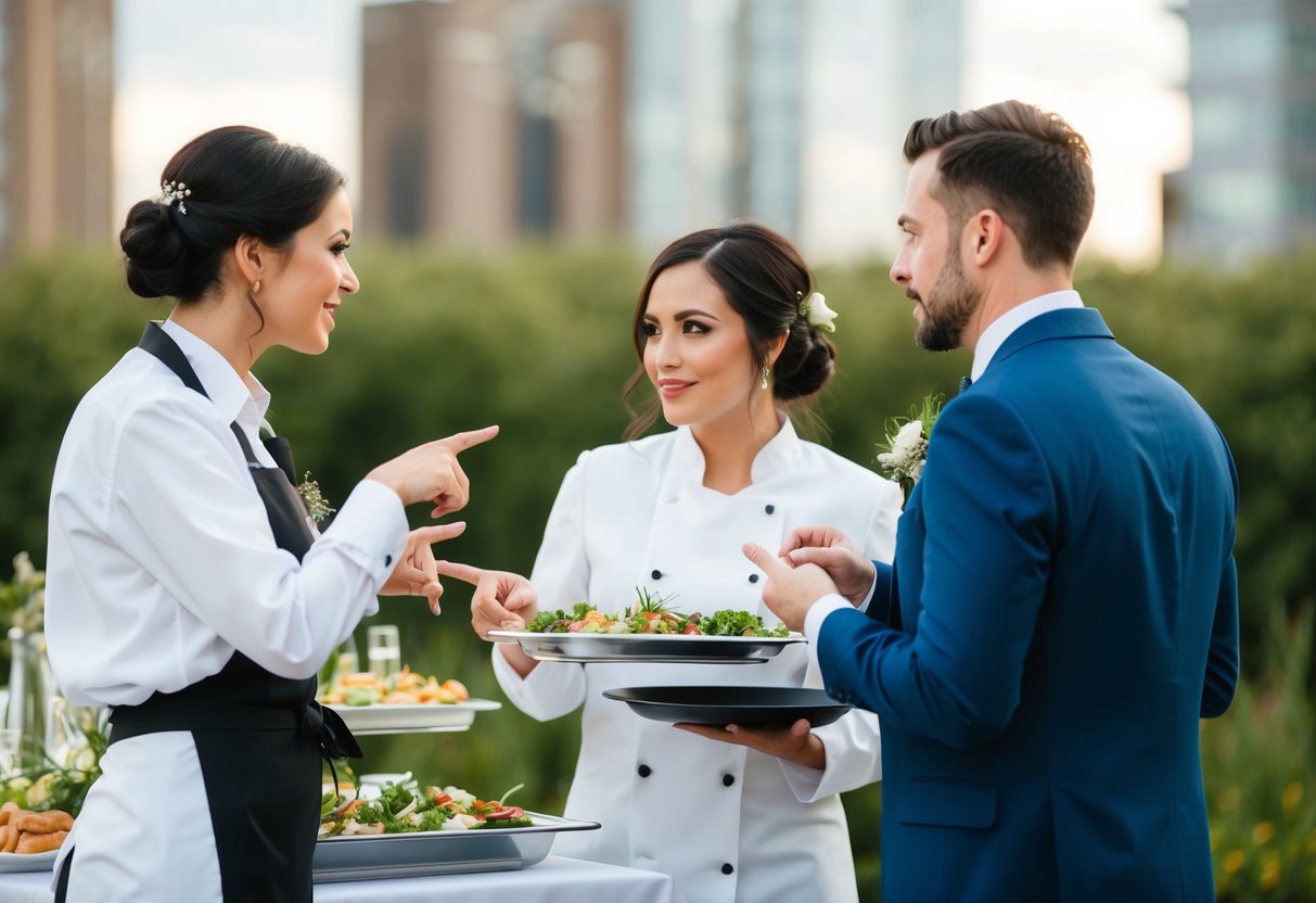 A couple discussing catering options with a caterer, pointing to different add-ons and negotiating prices