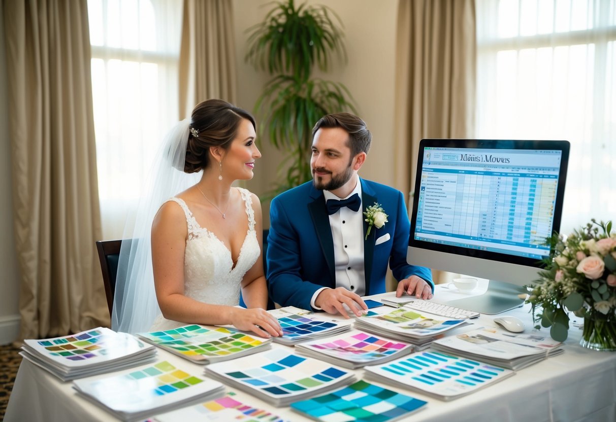 A bride and groom sit at a table covered in wedding magazines, discussing color swatches and floral arrangements. A computer screen displays budget spreadsheets and decoration ideas