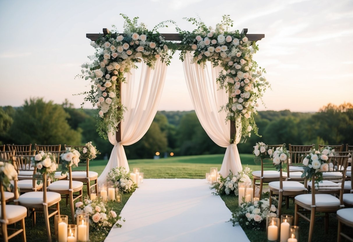 A romantic outdoor wedding ceremony with elegant floral arrangements, flowing drapery, and soft candlelight creating a dreamy and enchanting aesthetic