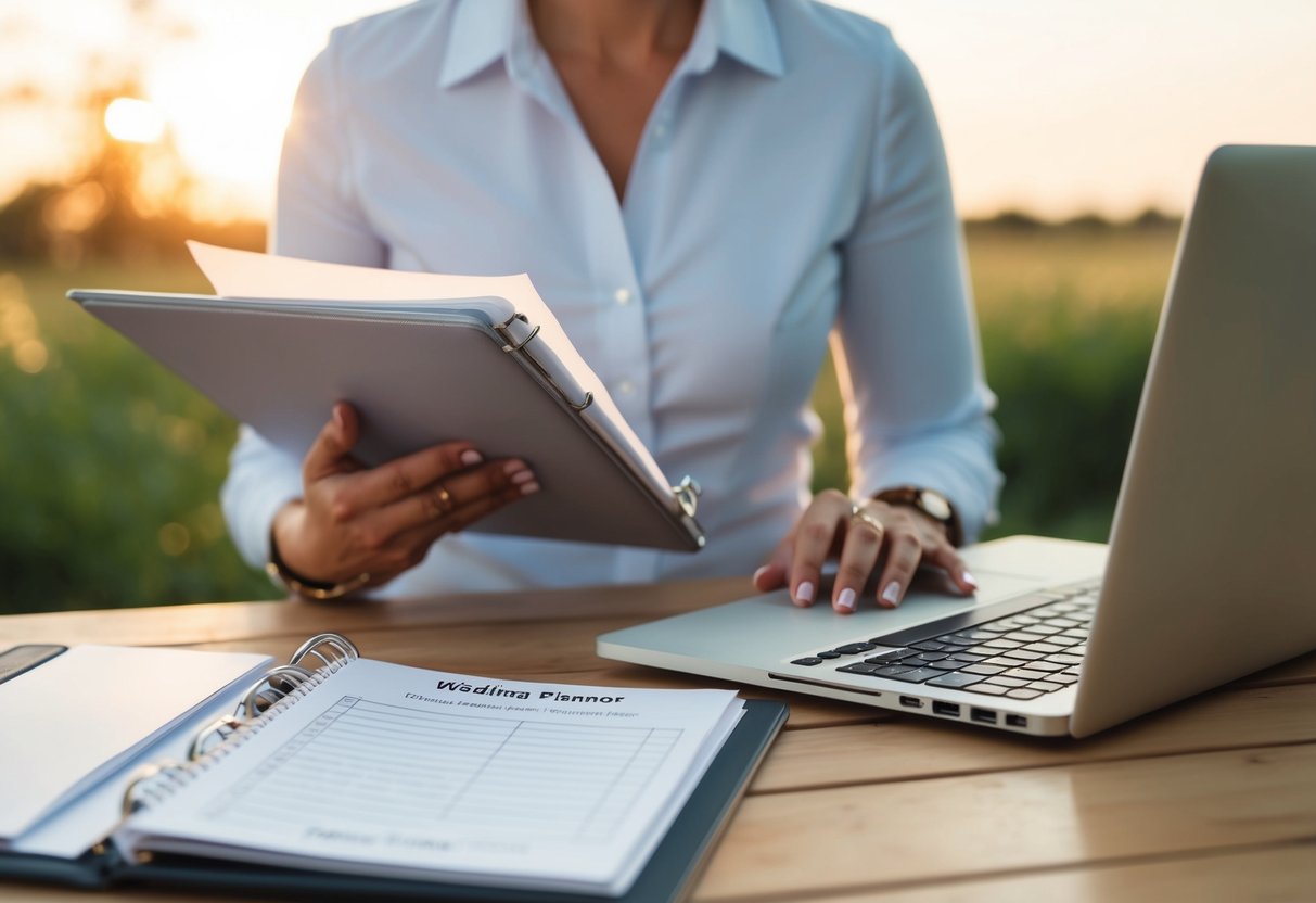 A wedding planner with a laptop, binder, and checklist