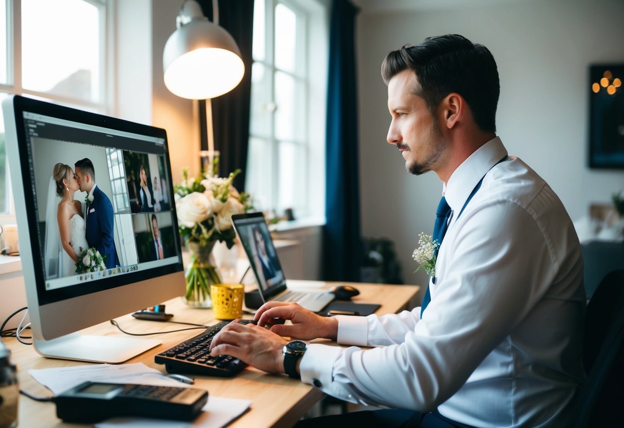 A wedding photographer sits at a computer, retouching photos of a bride and groom. Bright lighting and a cluttered desk fill the room