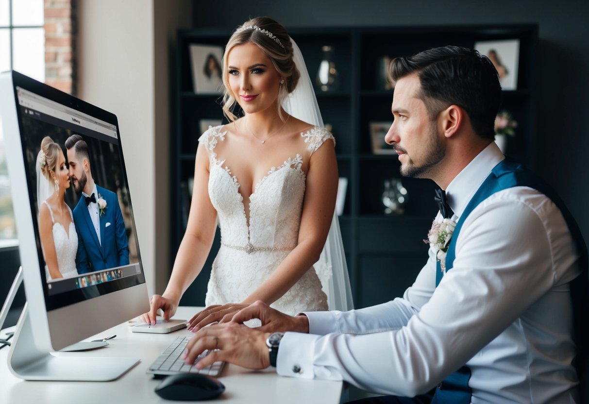 A wedding photographer sits at a computer, meticulously retouching a bride and groom's portrait photos, adjusting colors and smoothing out imperfections