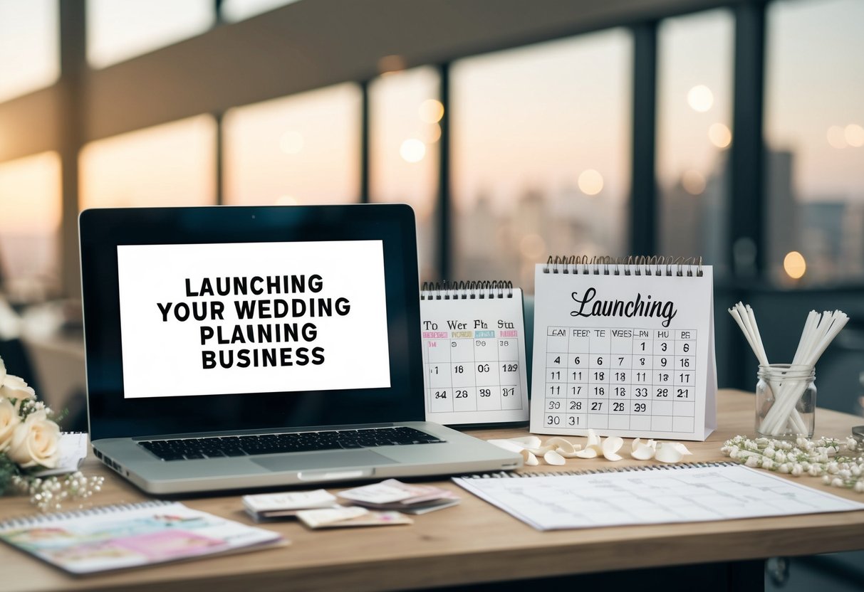 A wedding planner with a laptop, calendar, and wedding decor samples on a desk. A sign with the business name "Launching Your Wedding Planning Business" displayed prominently