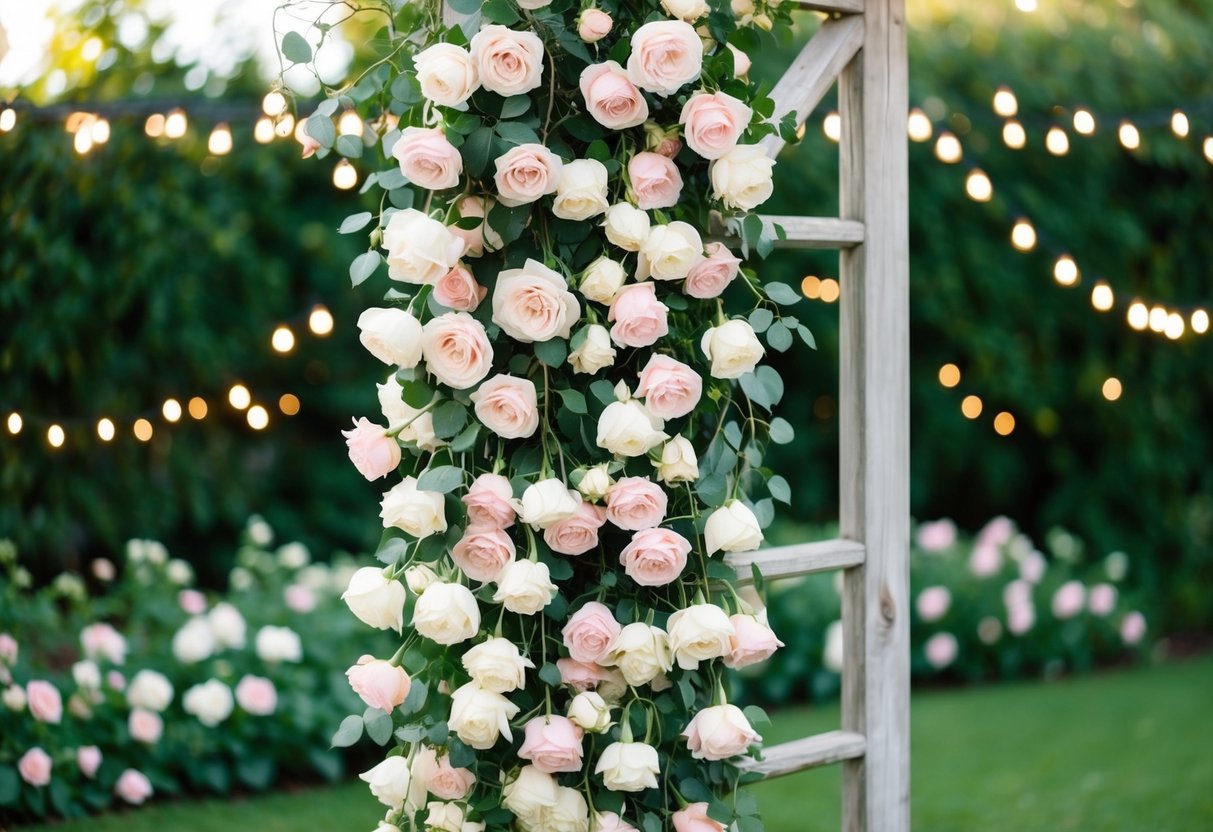 Soft pink and ivory roses cascading down a rustic wooden archway against a backdrop of lush greenery and twinkling fairy lights