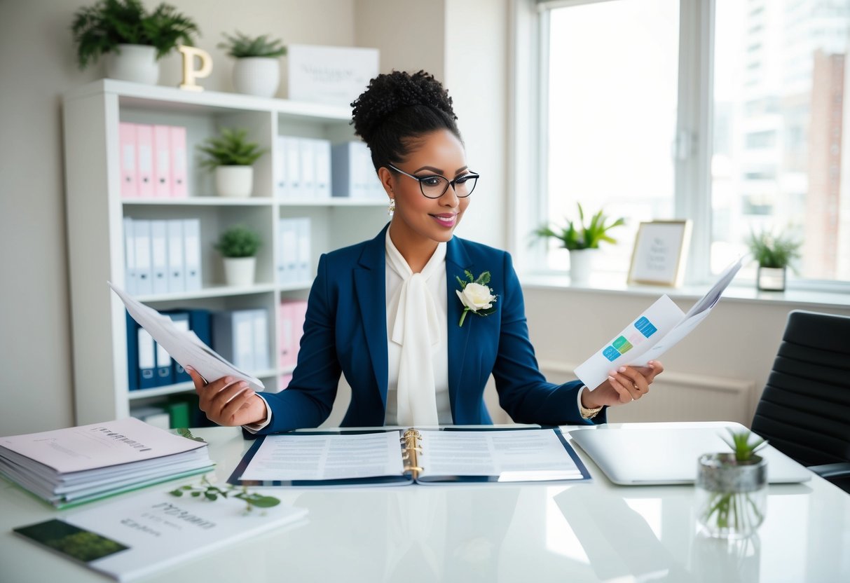 A wedding planner reviewing certification options and specializations in a stylish office with wedding magazines and planning materials