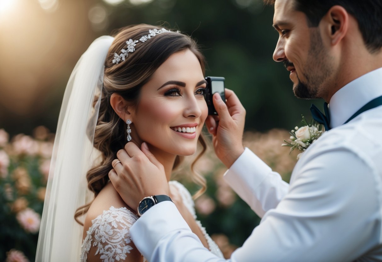 A wedding photographer retouches a couple's portrait, enhancing lighting and colors, removing blemishes, and creating a polished, romantic atmosphere