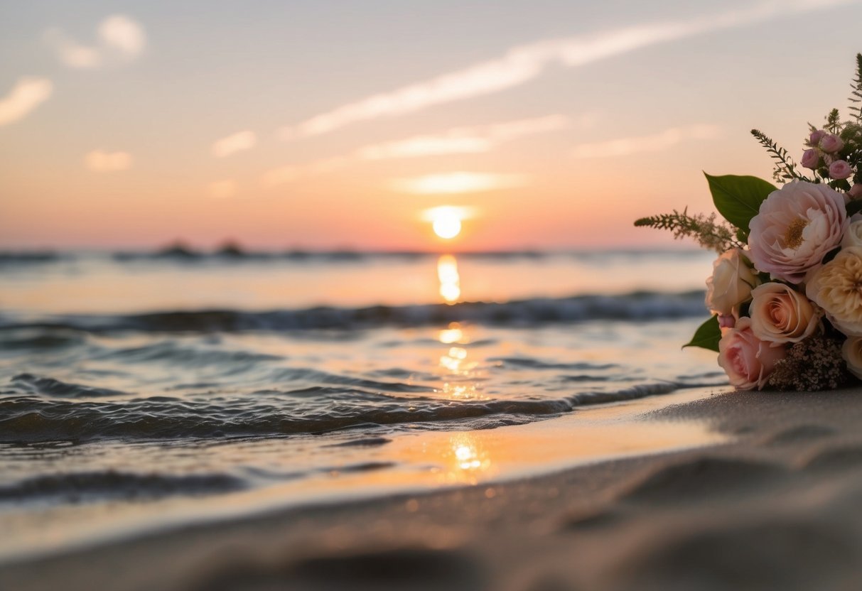 A sunset beach wedding with soft pink, peach, and gold tones reflecting off the water and sand, with delicate pastel flowers in the background