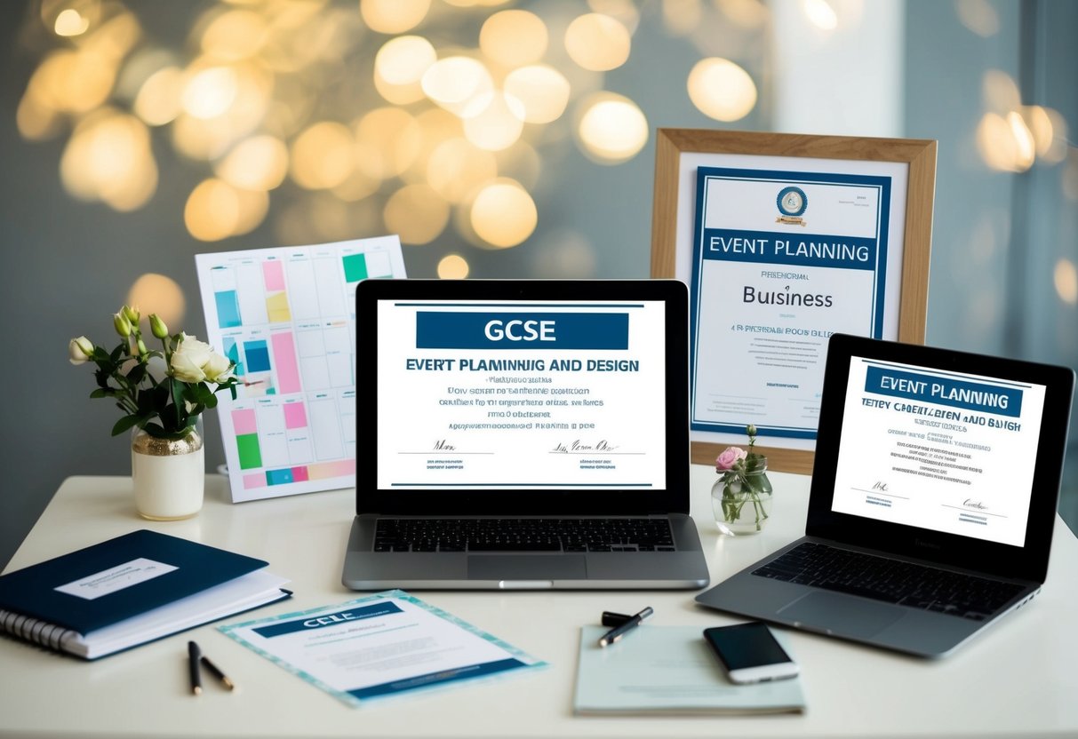 A desk with GCSE certificates in event planning, business, and design. A wedding planning book, laptop, and mood board are scattered around