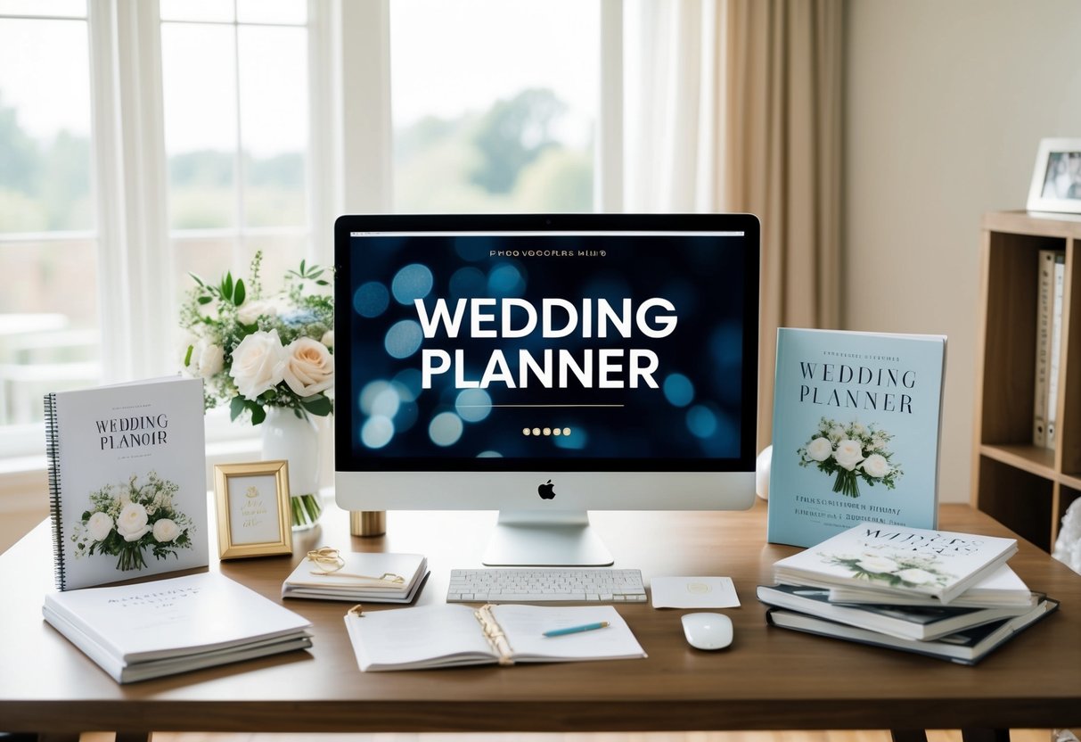 A wedding planner's desk with a computer, planner, and various wedding magazines and books scattered around for research and inspiration