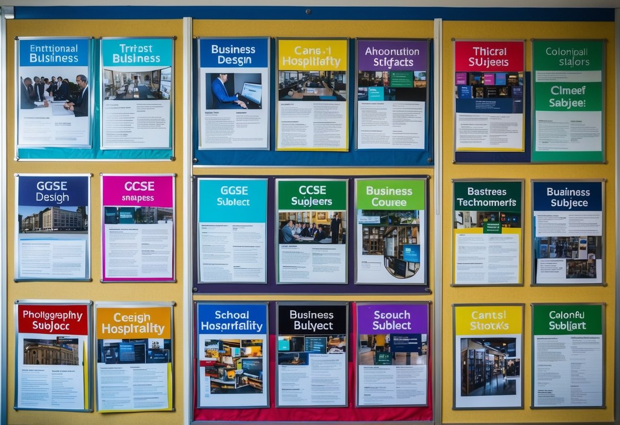 A bulletin board displaying a variety of GCSE subjects, including business, design, and hospitality, with colorful images and information about each course