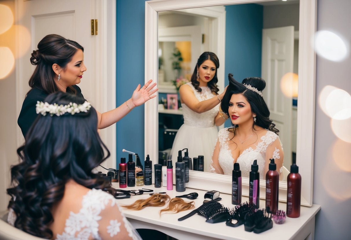 A bride sits in front of a mirror as a hairstylist discusses and tries out different hairstyles, while a variety of hair accessories and products are displayed on the table