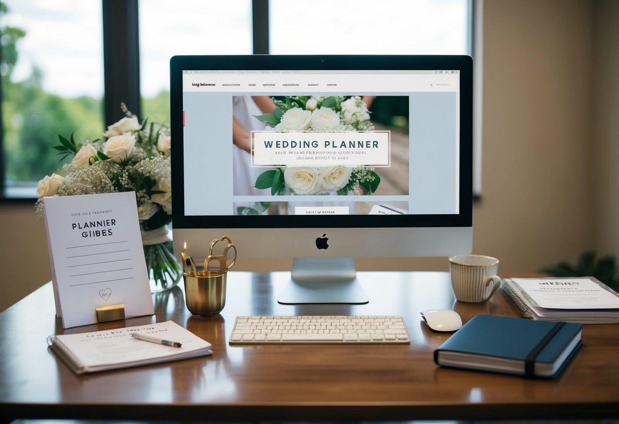 A wedding planner's desk with a computer, notebook, and planner guides