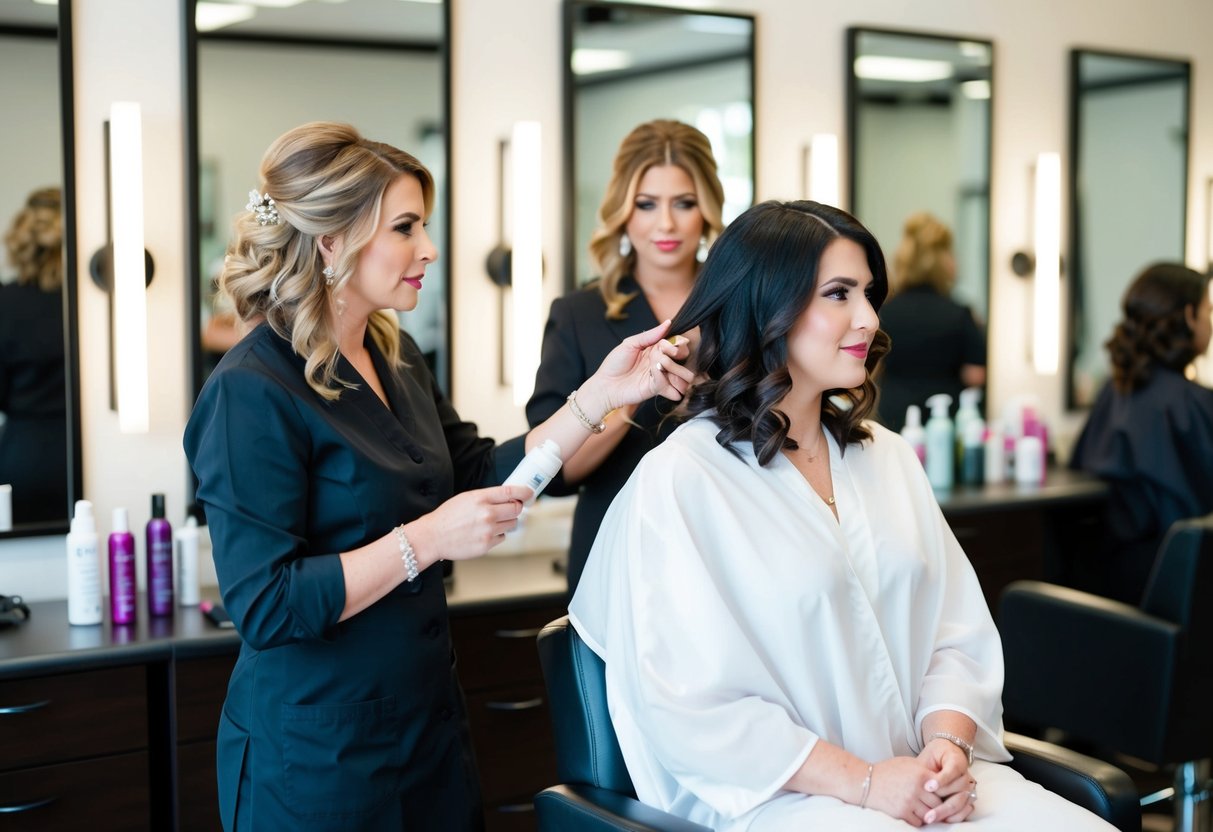 A bride sits in a salon chair, surrounded by mirrors and hair products. The stylist listens attentively as the bride describes her wedding day hair vision