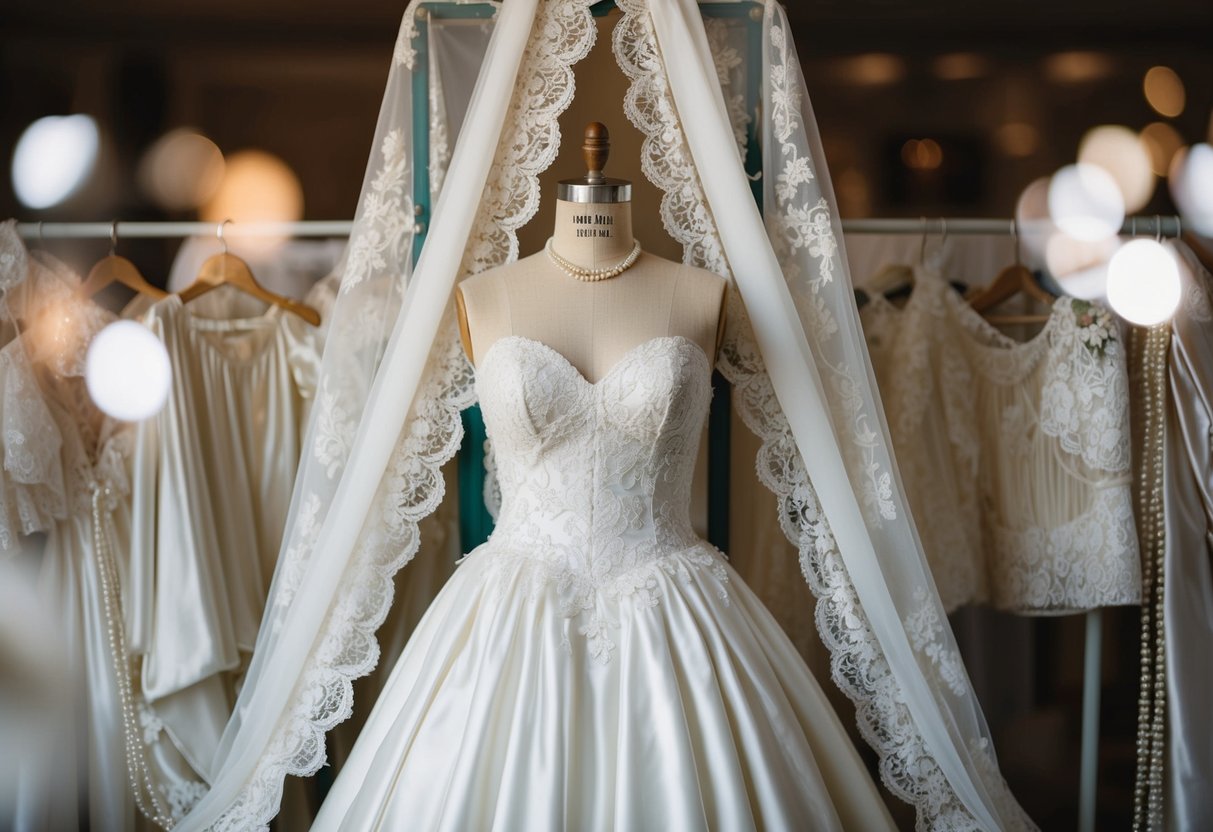 A wedding dress displayed on a vintage mannequin, surrounded by delicate lace, pearls, and silk fabric, evoking a sense of elegance and timelessness