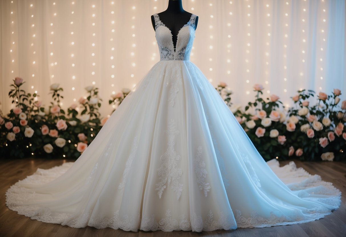 A flowing white gown with delicate lace details, a classic silhouette, and elegant train, set against a backdrop of blooming roses and twinkling fairy lights