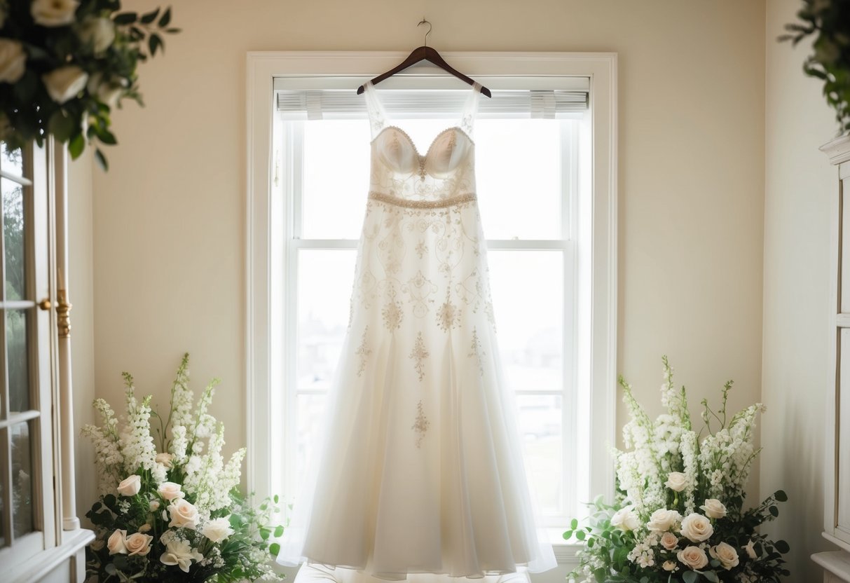 A wedding dress hanging in a sunlit room, with delicate lace and intricate beading, surrounded by soft floral arrangements and vintage furniture