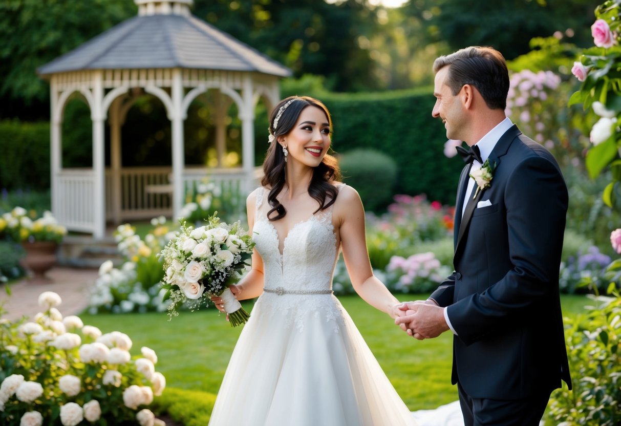 A woman in a wedding dress stands in a lush garden, surrounded by flowers and a gazebo. A man in a tuxedo approaches her with a loving smile
