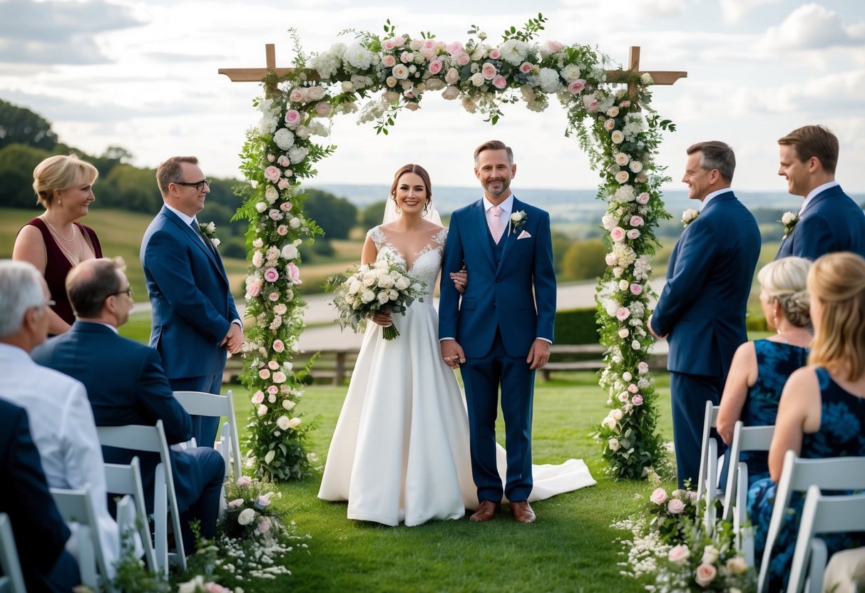 A bride and groom stand under a floral arch at an outdoor wedding venue, surrounded by guests and a picturesque landscape